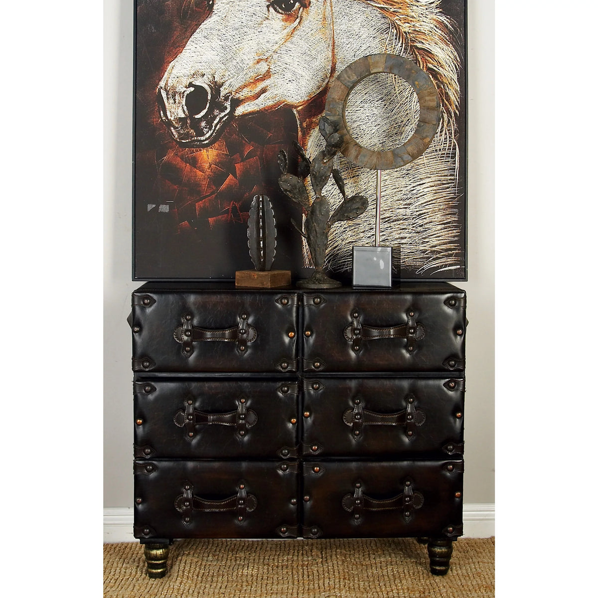 32" x 28" Black Wood Faux Leather Chest with Rivets T842644