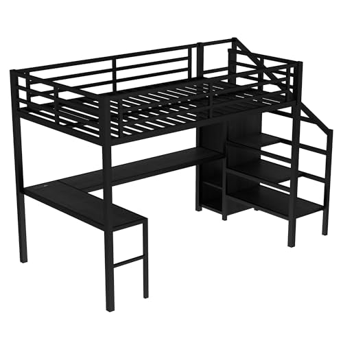 Full Size Metal Loft Bed with L-shaped Desk and Wardrobe A84348