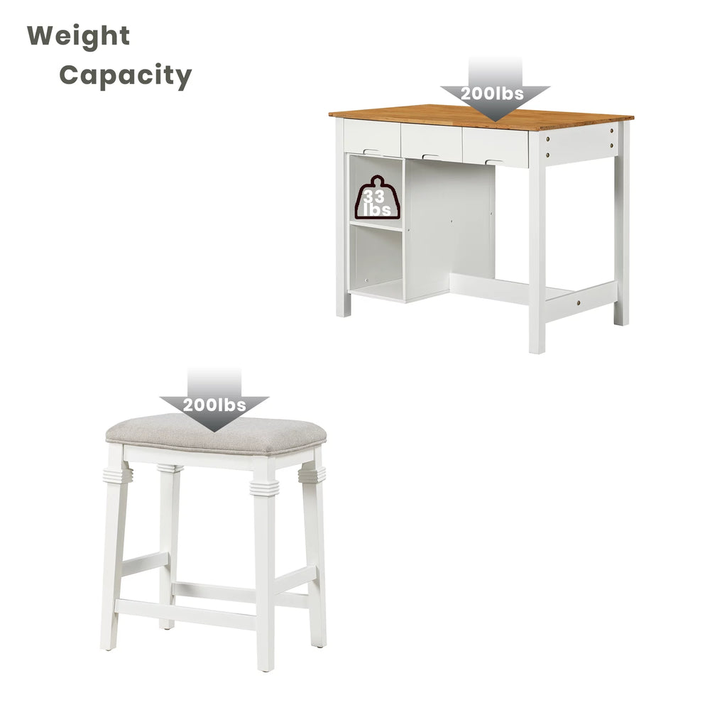 White 3-piece Rubber Wood Kitchen Island Set with 2 Seats R239573