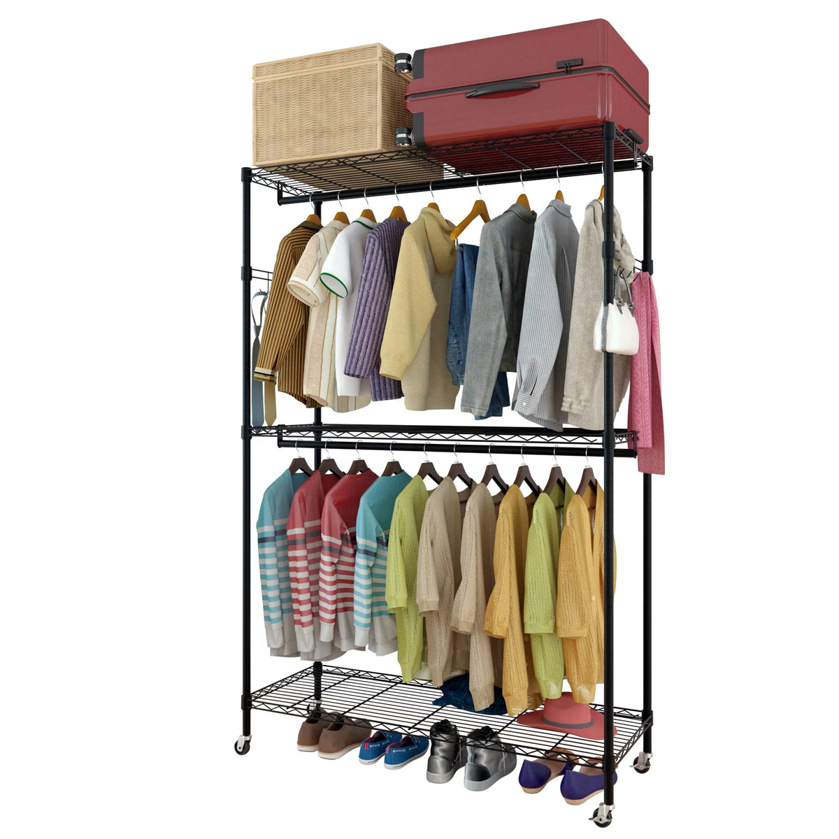 Black 2-Tier Rolling Garment Rack with Double Clothes Rod U6196