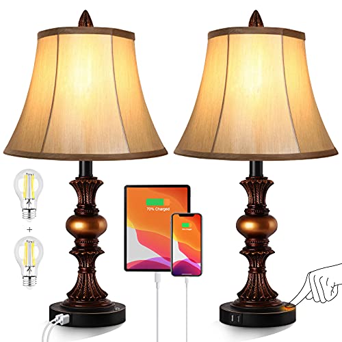 Bronze Table Lamp Set of 2 with Faux Silk Shade Q30917