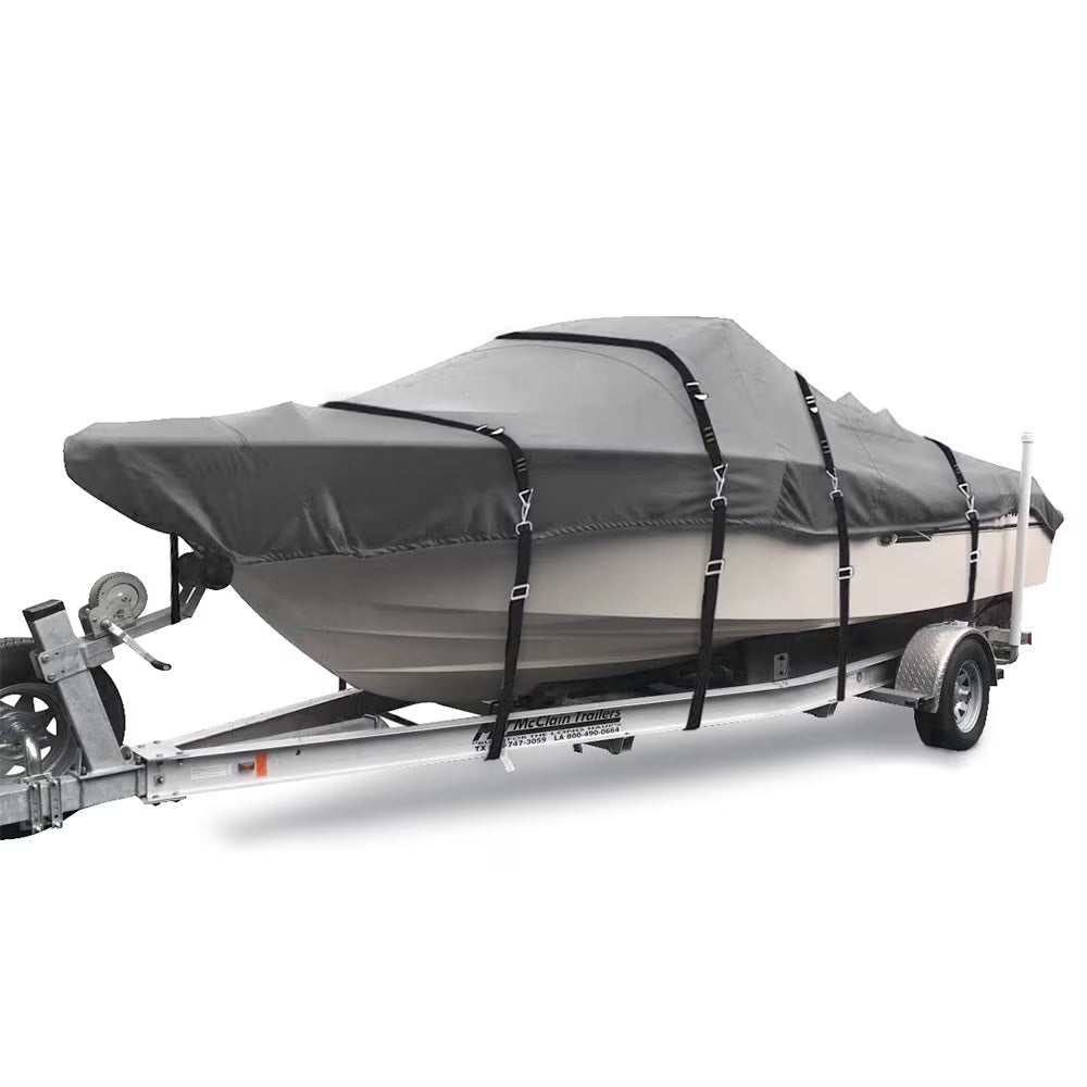 Trailerable Waterproof Heavy Duty Boat Cover for V-Hull, Tri-Hull, Runabout, 16'-18.5' Long, Gray U950