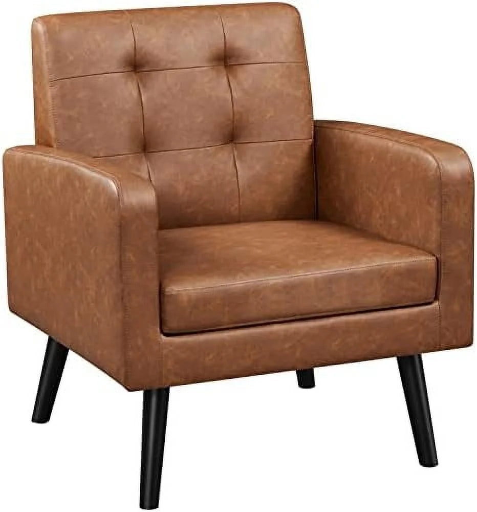 Beige PU Leather Upholstered Accent Chair with Wood Legs V9381