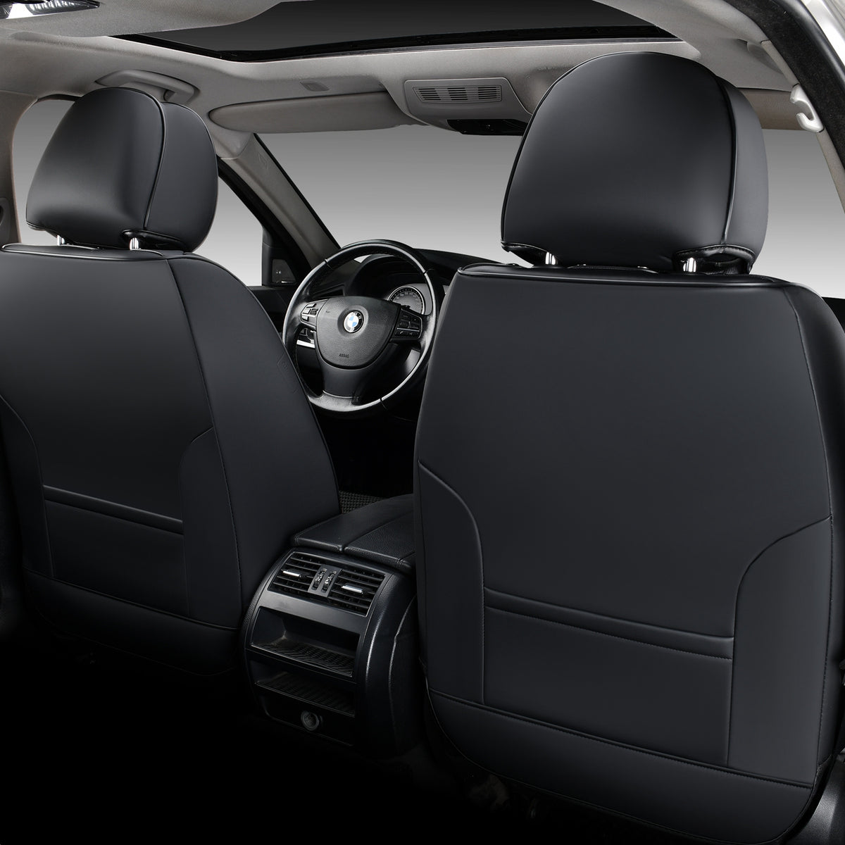 Black Suede and Leather Front and Rear Car Seat Covers, 5 Seats Y303017