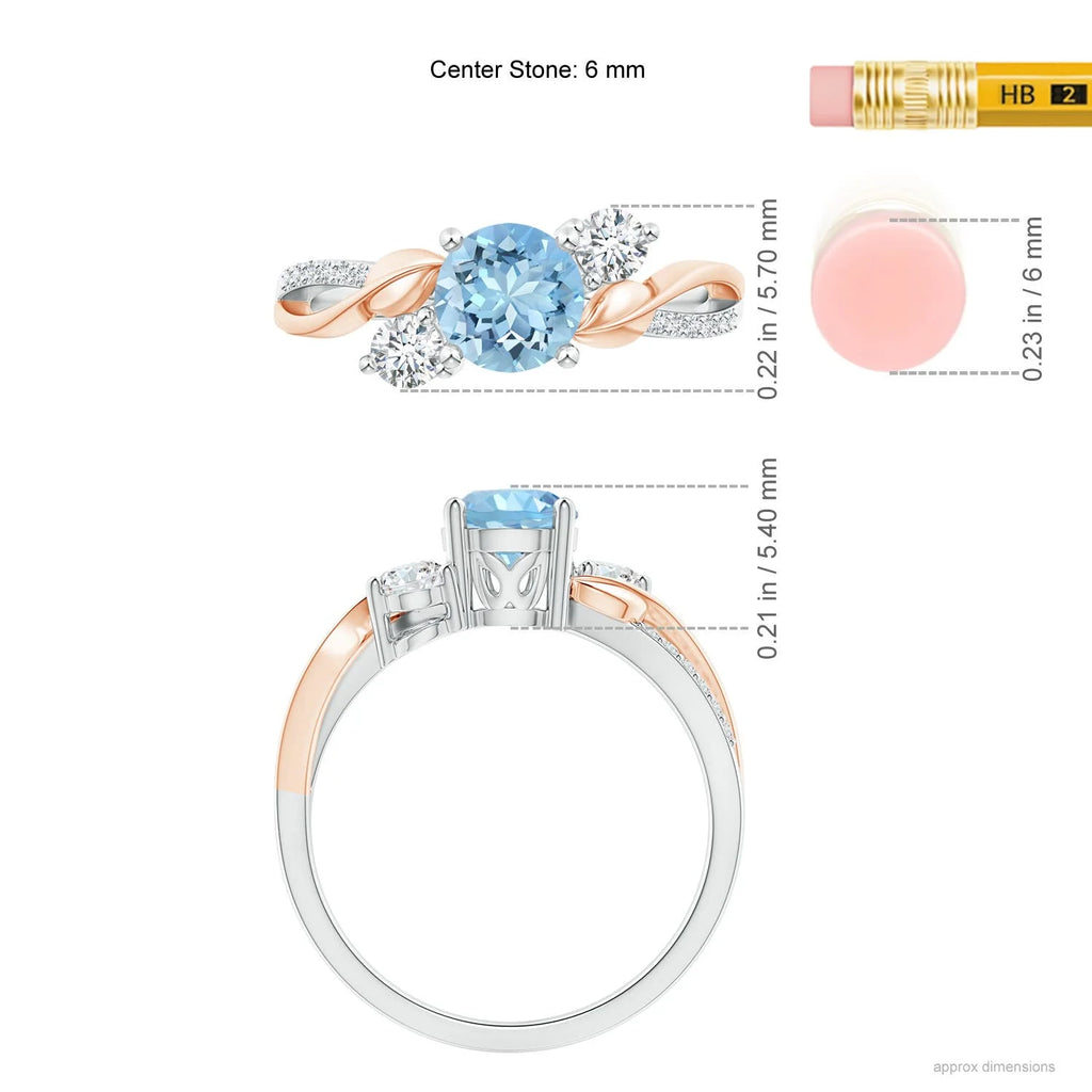 Natural Aquamarine & Diamond Ring in 14K White & Rose Gold, Size 7.5, 6mm Q781