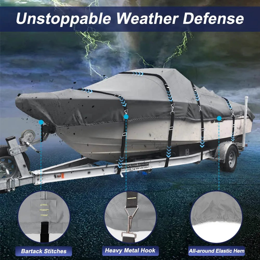 Trailerable Waterproof Heavy Duty Boat Cover for V-Hull, Tri-Hull, Runabout, 16'-18.5' Long, Gray U950