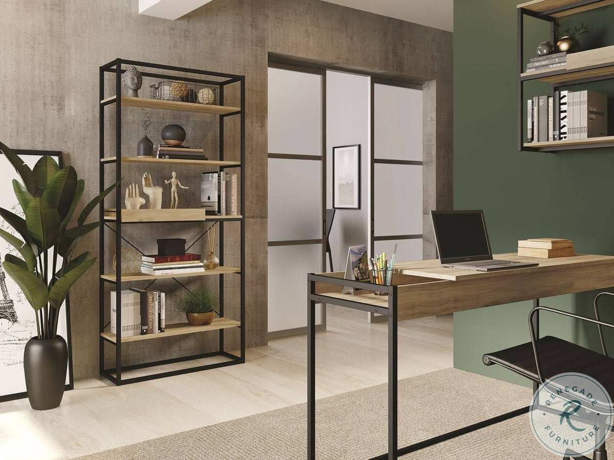 Oak Melamine and Black Painted Metal Bookcase D57662