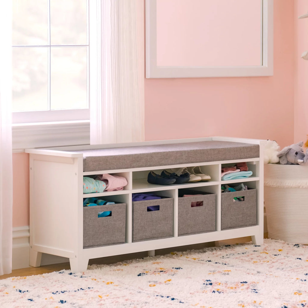 White Wood Kids' Storage Bench with Cushion and Fabric Bins F3419