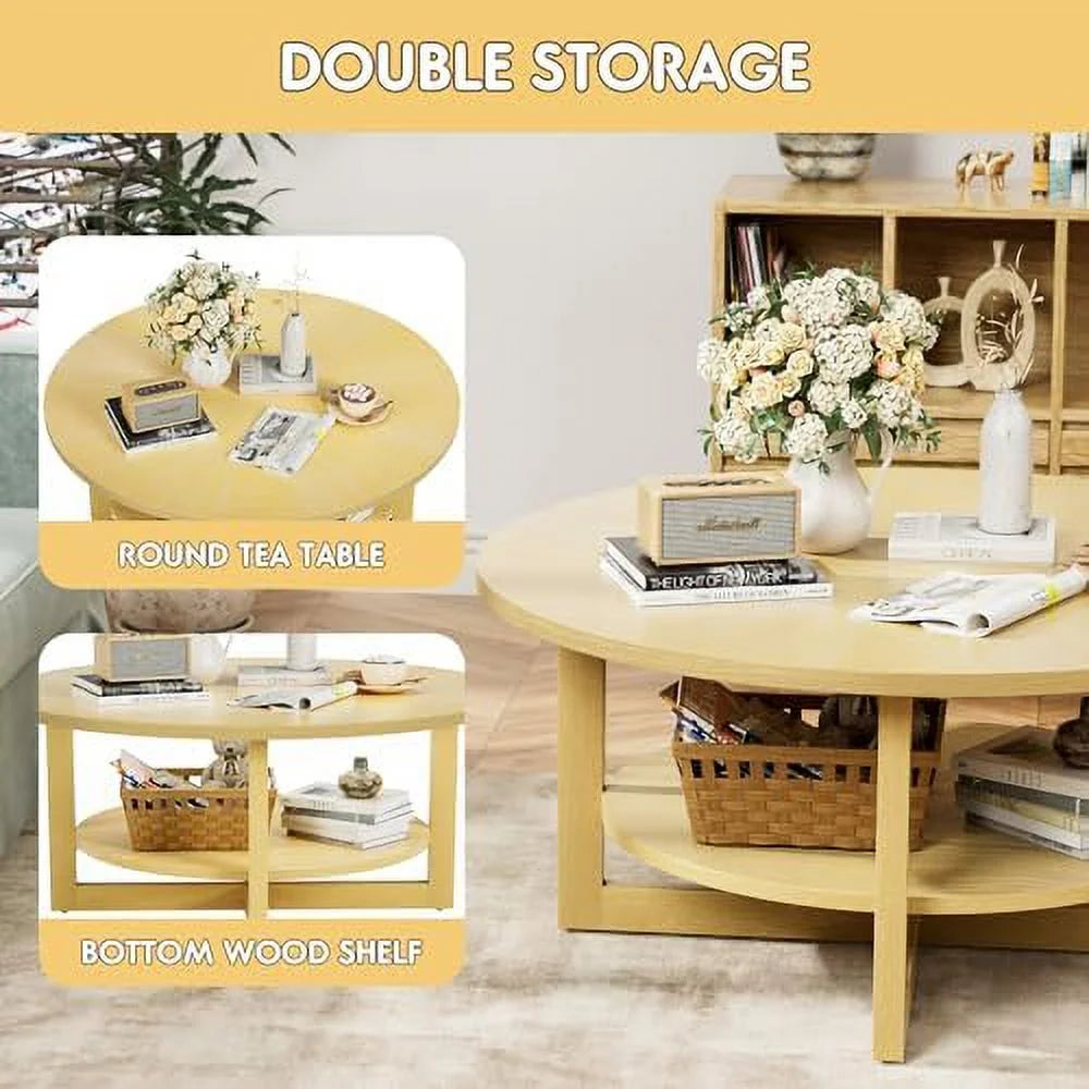 Round 2-Tier Solid Wooden Coffee Table with Shelf H649751