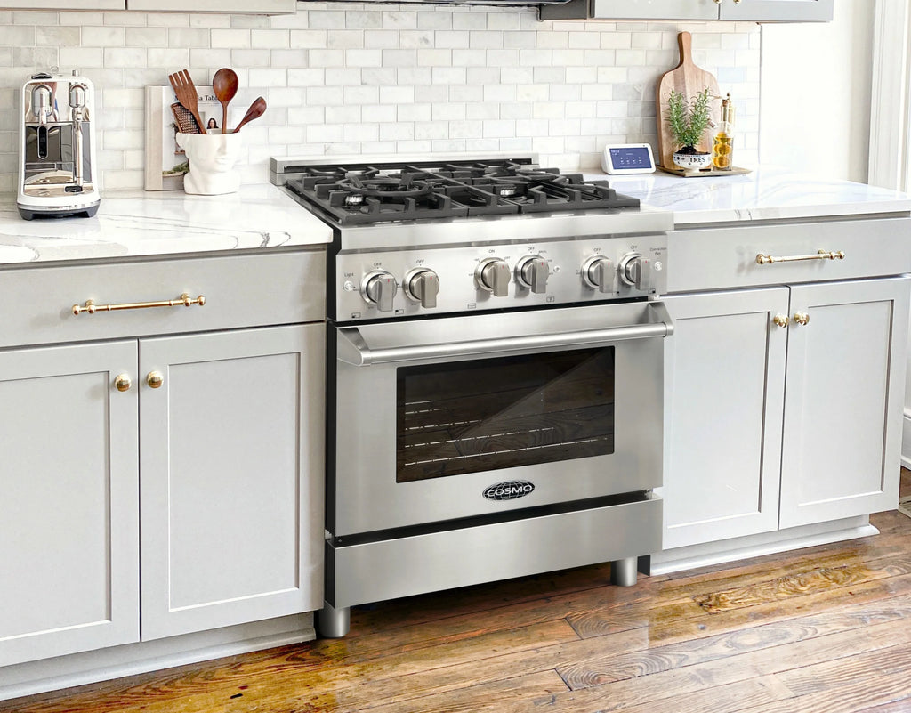 5 Piece Kitchen Appliance Package with Gas Range, Range Hood, Dishwasher, French Door Refrigerator & Wine Refrigerator L5492