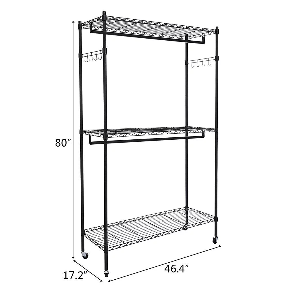 Black 2-Tier Rolling Garment Rack with Double Clothes Rod U6196