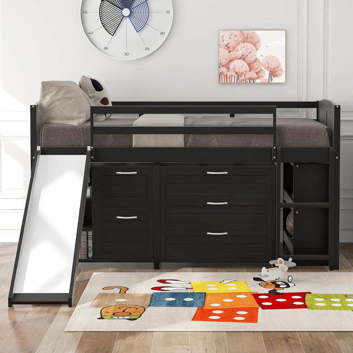 Twin Loft Bed with Desk and Cabinet Wooden Bunk Bed F372916