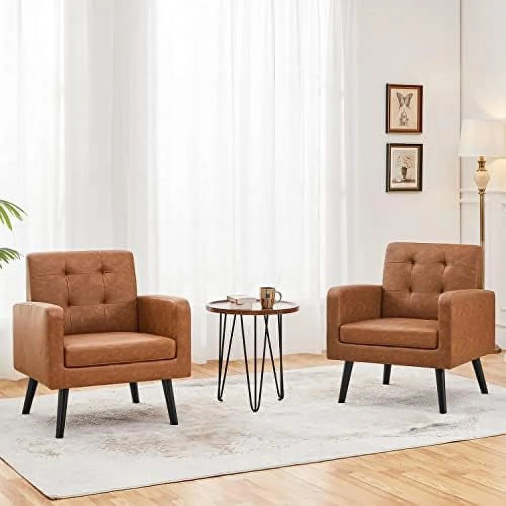 Beige PU Leather Upholstered Accent Chair with Wood Legs V9381