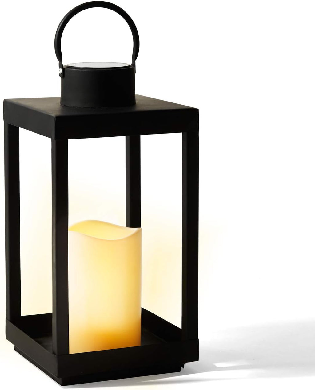 Large Outdoor Lantern with Solar Candle, 18 Inch Tall, Matte Black Metal Frame, Waterproof Flameless Pillar Candle M2652