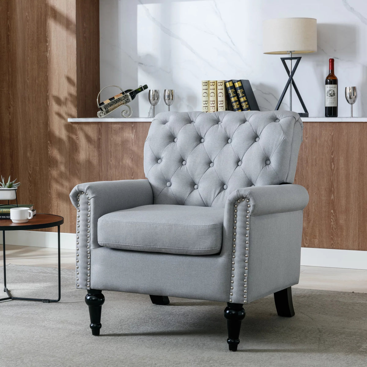 Light Gray Linen Fabric Accent Chair with Button Tufted Back T674