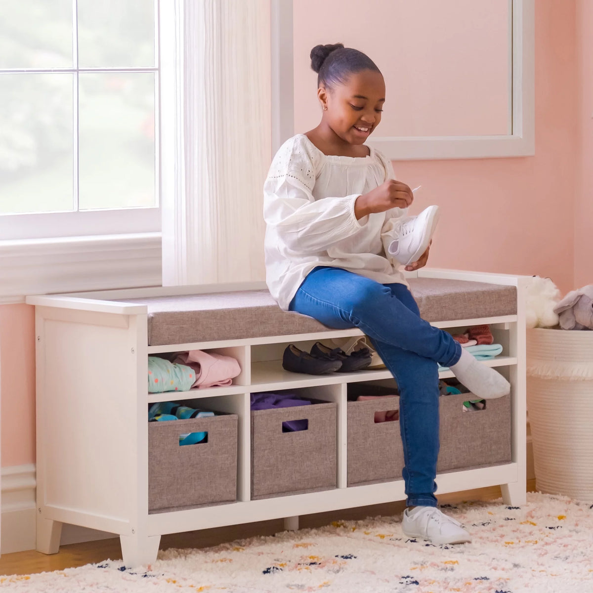 White Wood Kids' Storage Bench with Cushion and Fabric Bins F3419