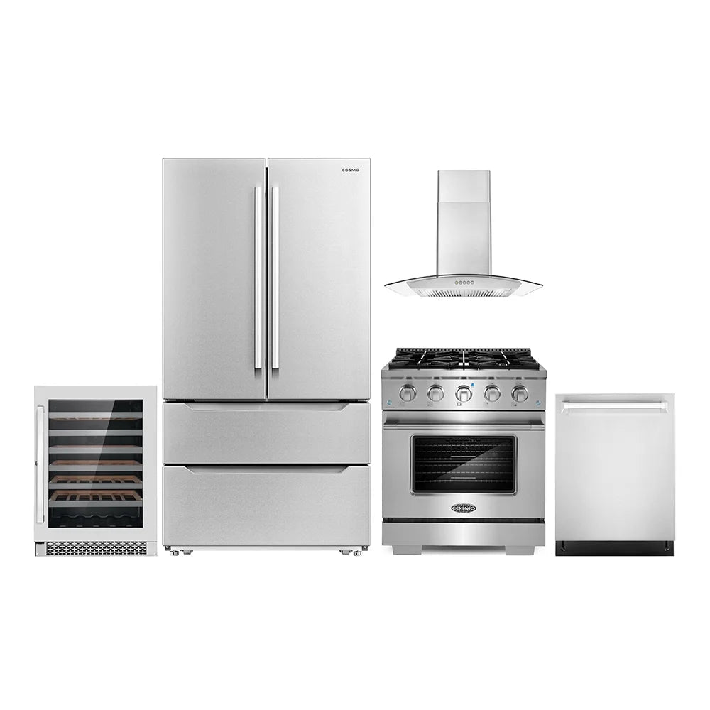 5 Piece Kitchen Appliance Package with Gas Range, Range Hood, Dishwasher, French Door Refrigerator & Wine Refrigerator L5492