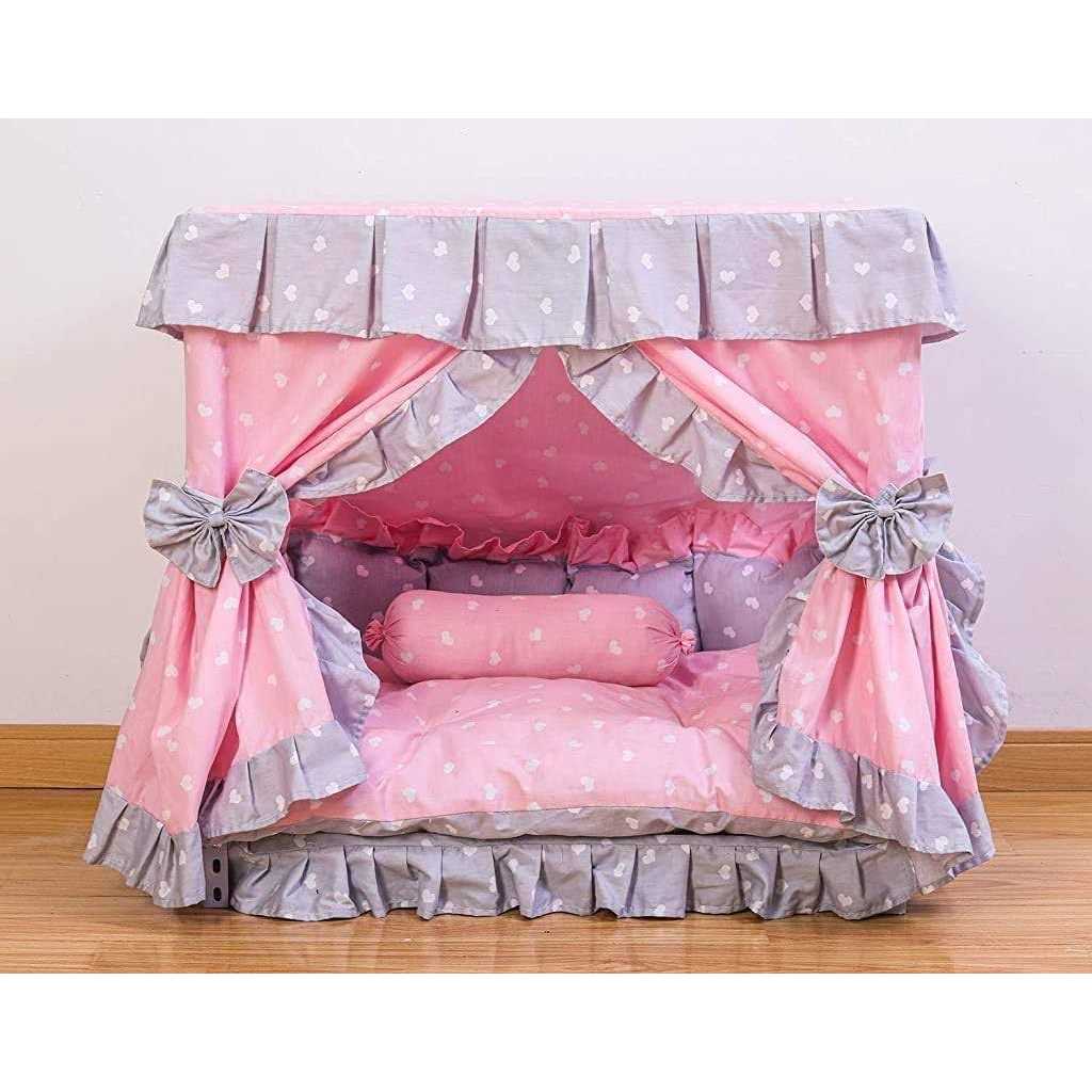 Princess Pink grey White Heart Pet Dog Handmade Bed House with Pillow S794