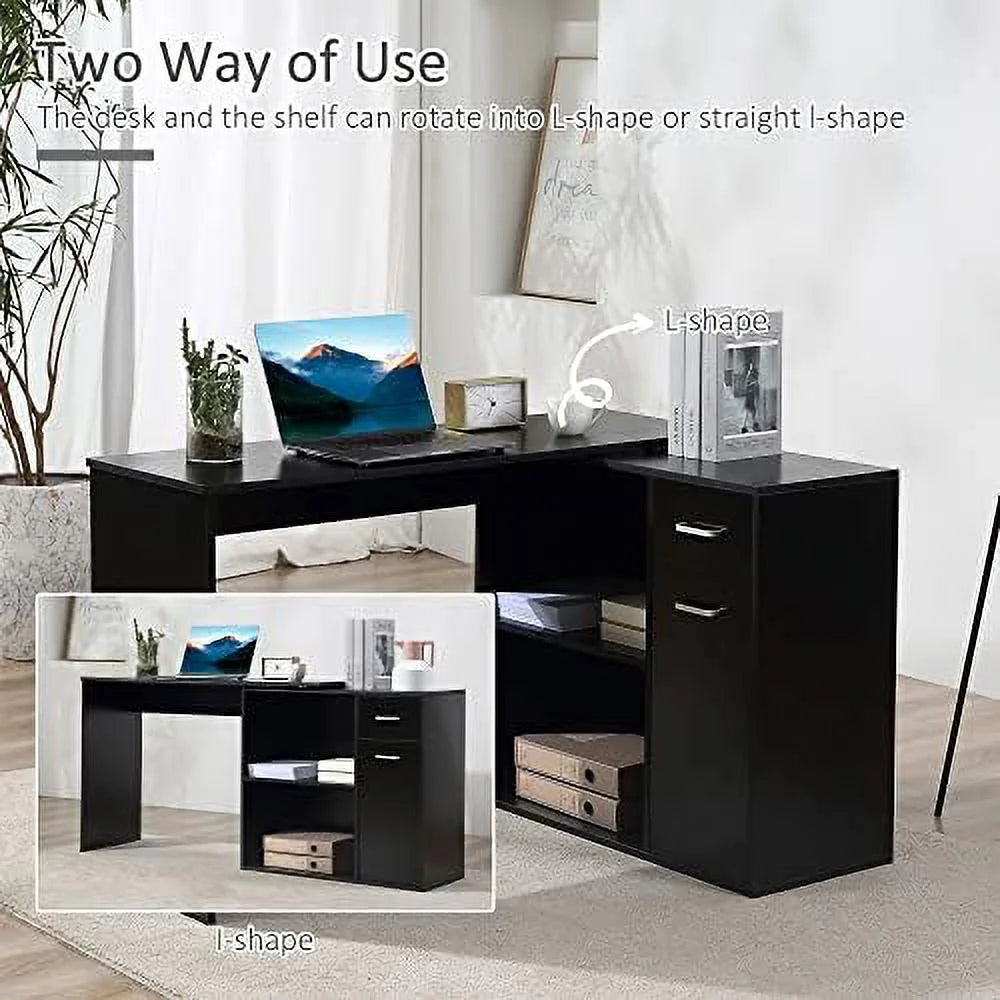 L Shaped Computer Desk with Shelves Drawer and Cabinet White Q334657