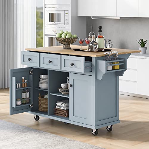 Large Kitchen Island with 2 Drop Leaf, Rolling Kitchen Cart on 5 Wheels with Power Outlet, Folding Storage Dining Table with Spice & Towel Rack, 3 Drawers K771675