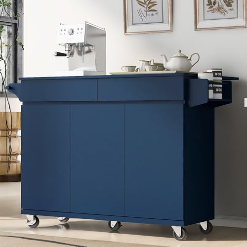 Large Kitchen Island with 2 Drop Leaf, Rolling Kitchen Cart on 5 Wheels with Power Outlet, Folding Storage Dining Table with Spice & Towel Rack, 3 Drawers K771675