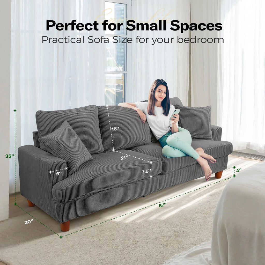 Gray Corduroy 3 Seater Sofa with 2 Pillows R241796