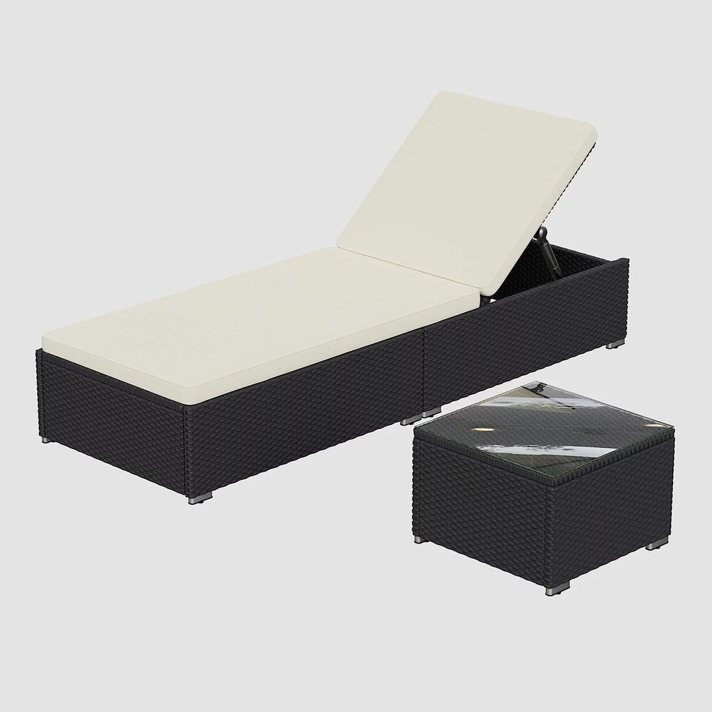 Outdoor PE Wicker Chaise Lounge Set with Cushions and Storage Table J6230