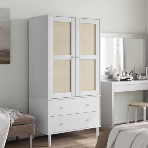 White Solid Pine Wood Wardrobe with Rattan Look Design Y7525