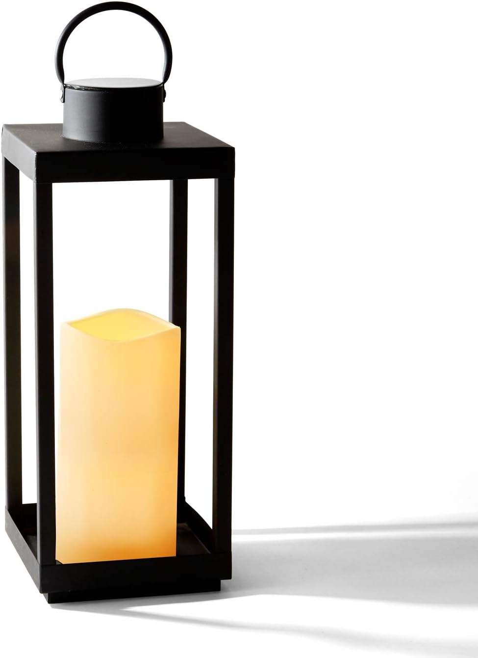 Large Outdoor Lantern with Solar Candle, 18 Inch Tall, Matte Black Metal Frame, Waterproof Flameless Pillar Candle M2652