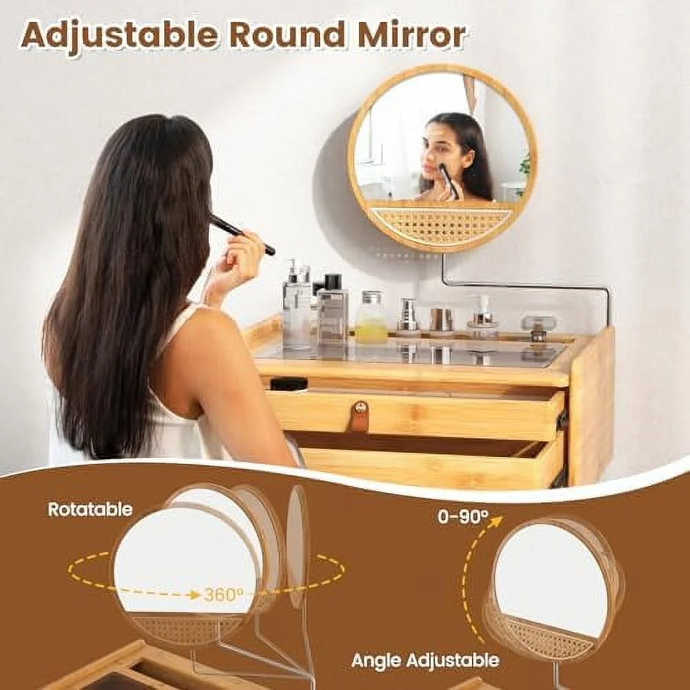 Vanity Desk with Rotating Mirror 2 Drawers Tempered Glass Tabletop X13002