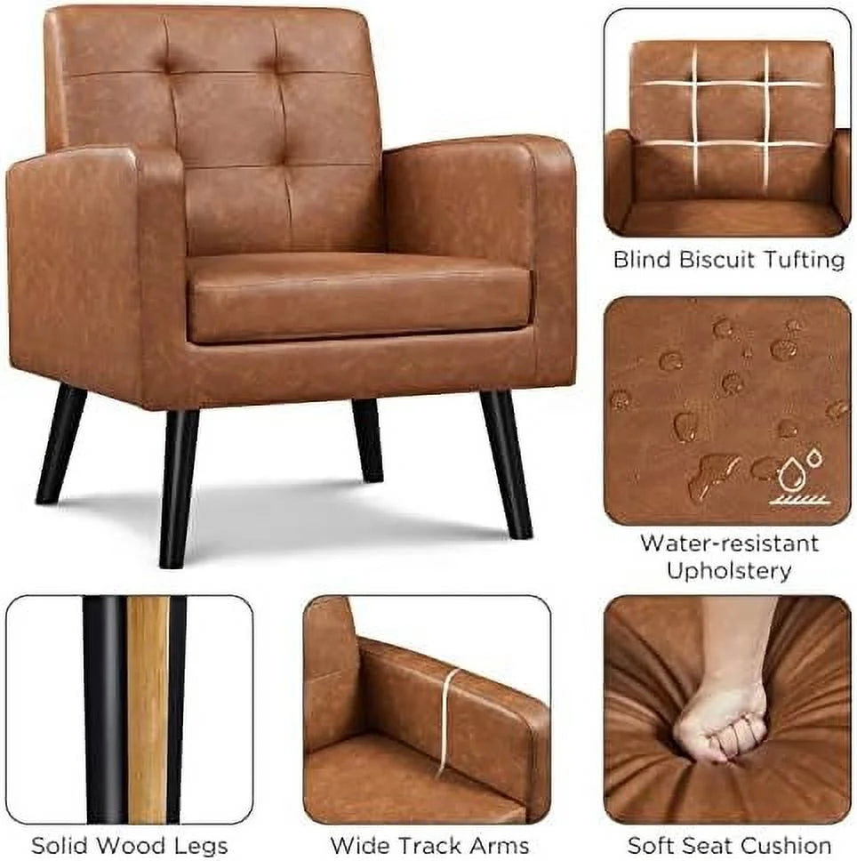 Beige PU Leather Upholstered Accent Chair with Wood Legs V9381