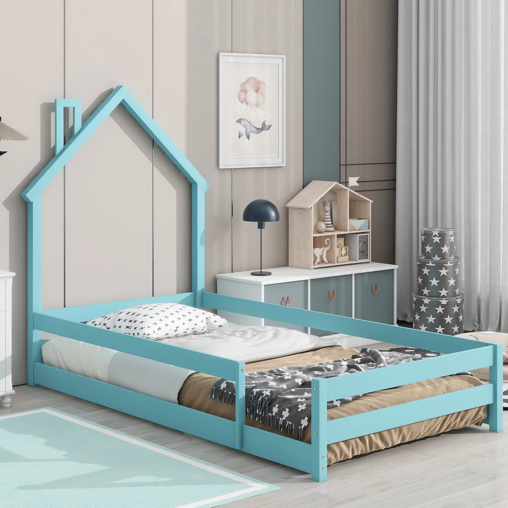Twin Size Light Blue Wood House-shaped Headboard Floor bed Y595444