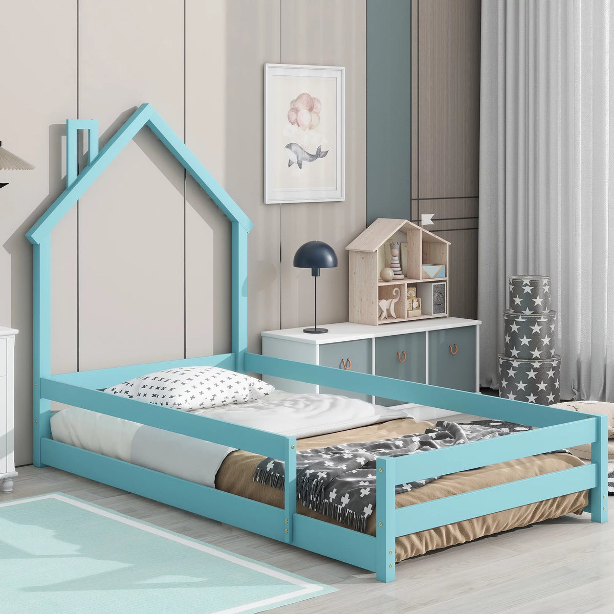 Twin Size Light Blue Wood House-shaped Headboard Floor bed Y595444