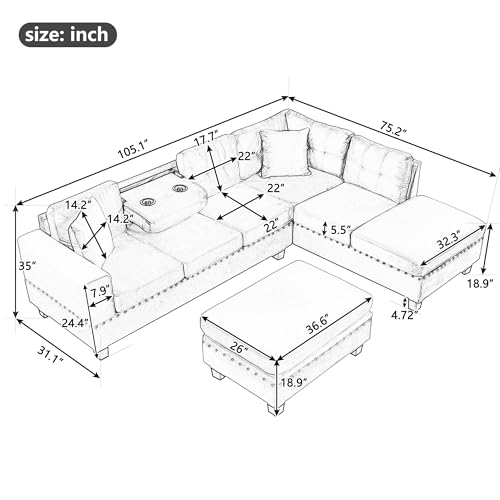 Modern L Shaped Polyester Sectional Sofa with Storage Ottoman V987221