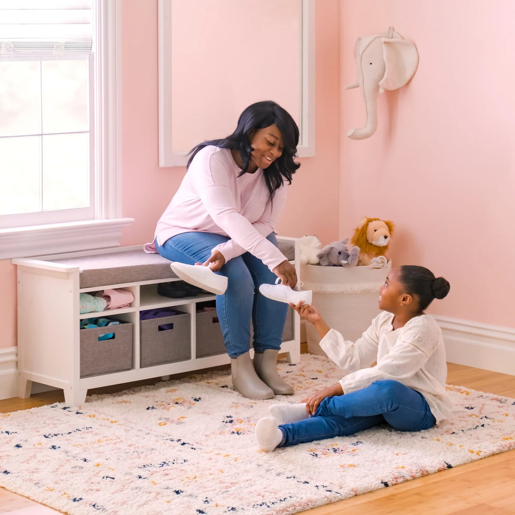 White Wood Kids' Storage Bench with Cushion and Fabric Bins F3419