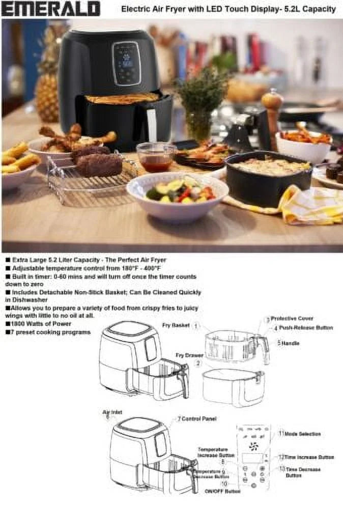 5.5 Quart Air Fryer Black with Digital LED Touch Display Non-Stick Basket F938