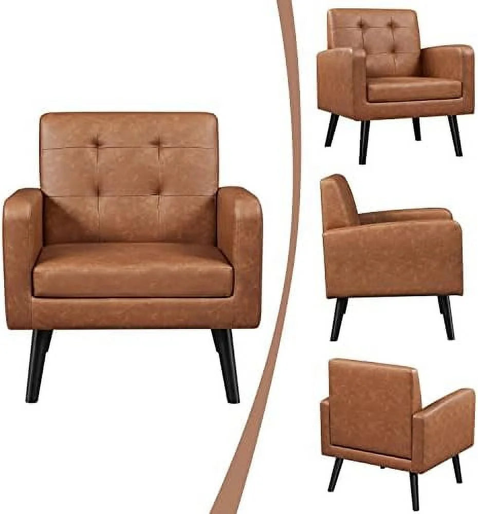 Beige PU Leather Upholstered Accent Chair with Wood Legs V9381