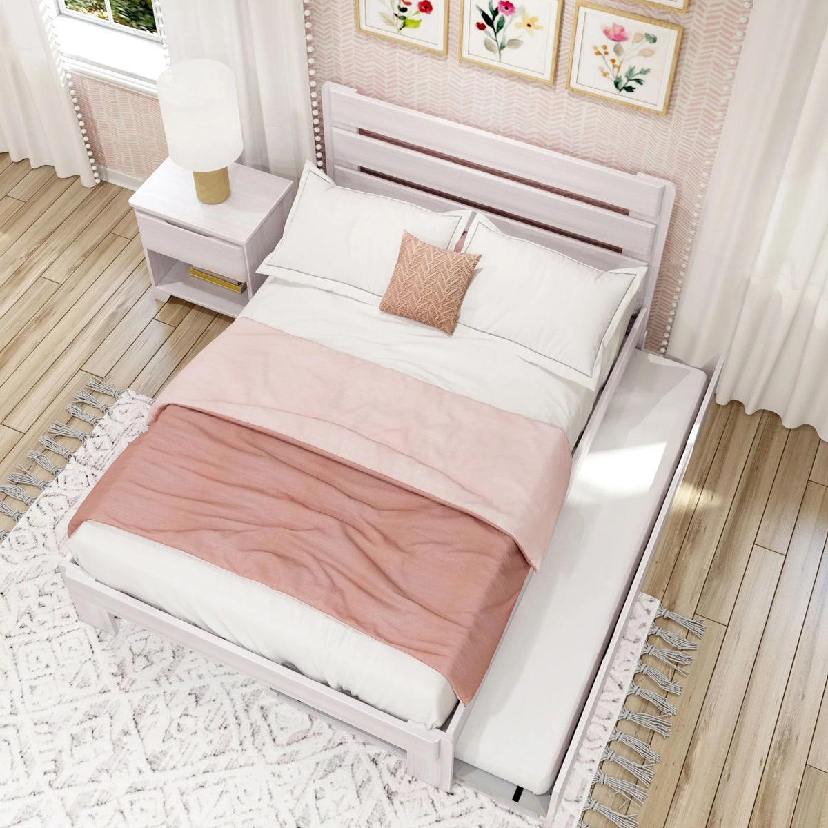Full Size White Wash Wood Platform Bed with Headboard and Trundle V63662