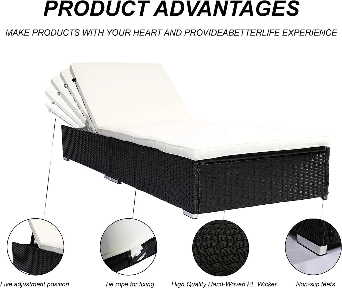 Outdoor PE Wicker Chaise Lounge Set with Cushions and Storage Table J6230