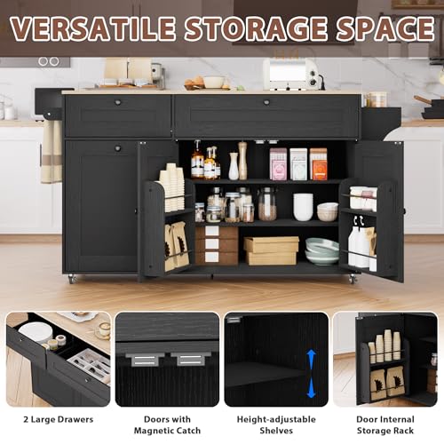 Rolling Kitchen Island with Trash Can Storage Cabinet, Power Outlet, Drop Leaf, Spice Rack, and Drawers, Black W124