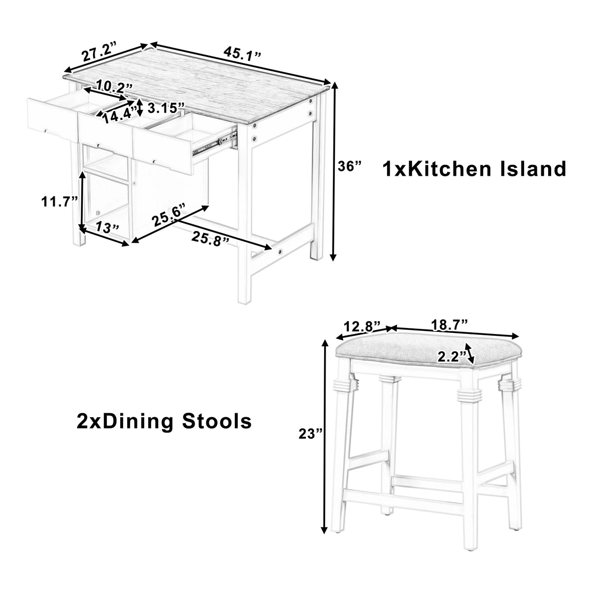 White 3-piece Rubber Wood Kitchen Island Set with 2 Seats R239573