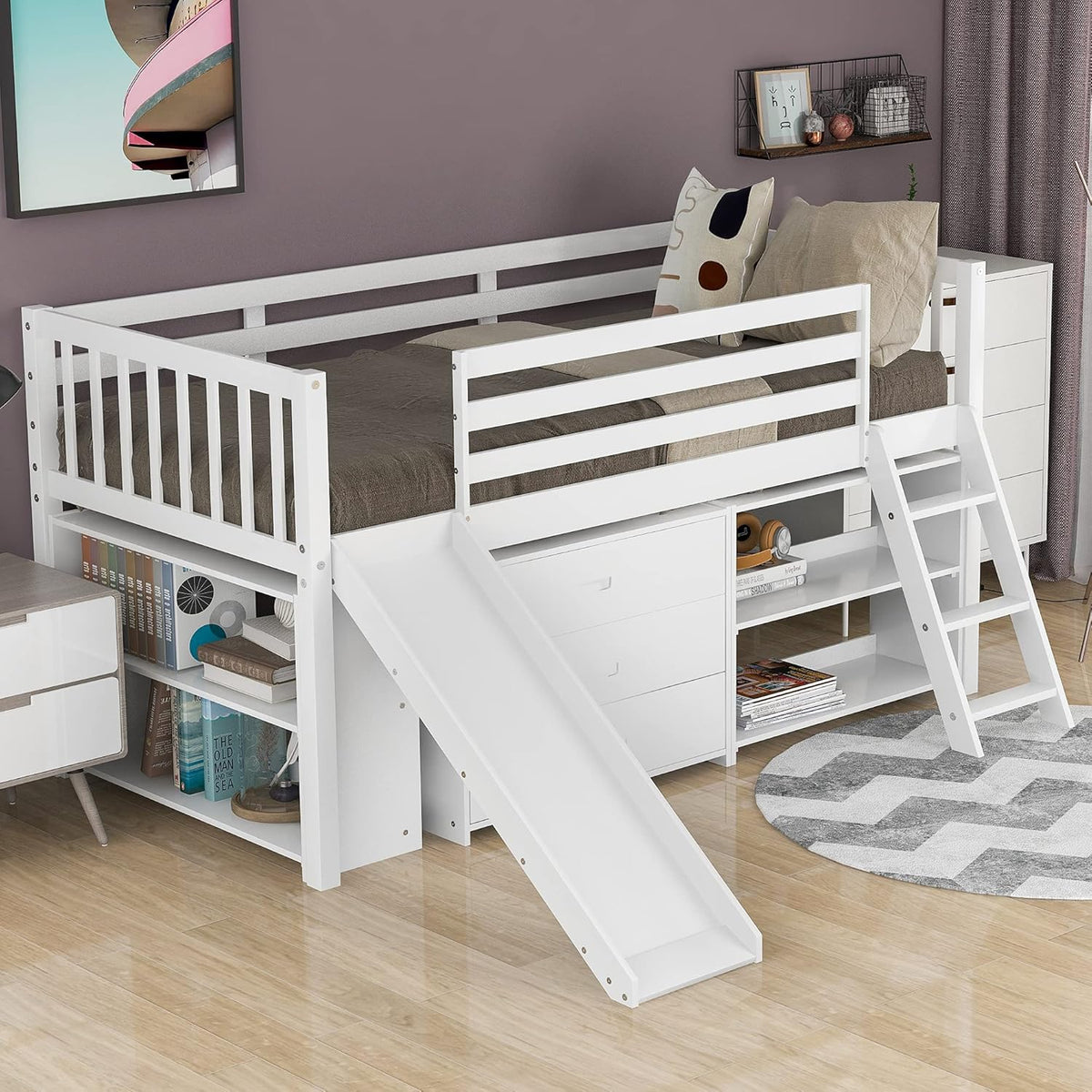 Twin Loft Bed with Desk and Cabinet Wooden Bunk Bed F372916
