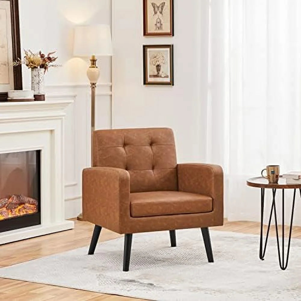 Beige PU Leather Upholstered Accent Chair with Wood Legs V9381