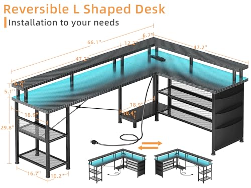 Black Carbon Fiber L Shaped Gaming Desk with Power Outlet and LED Lights C876