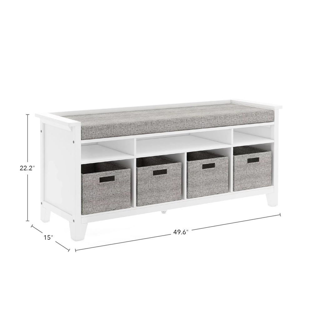 White Wood Kids' Storage Bench with Cushion and Fabric Bins F3419
