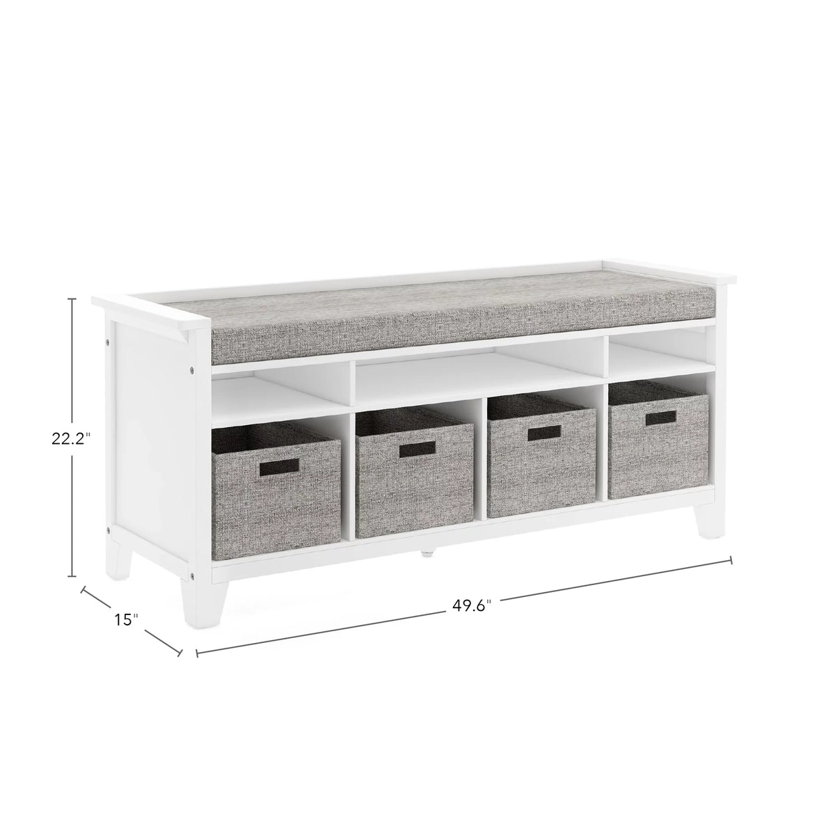 White Wood Kids' Storage Bench with Cushion and Fabric Bins F3419