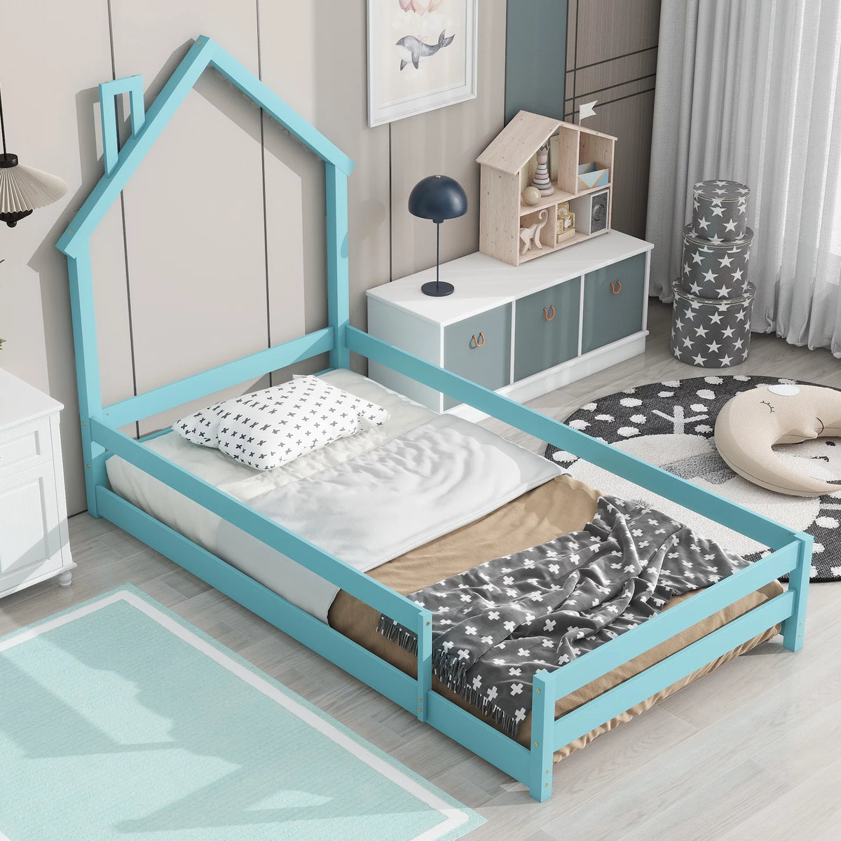 Twin Size Light Blue Wood House-shaped Headboard Floor bed Y595444