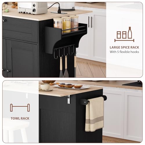 Rolling Kitchen Island with Trash Can Storage Cabinet, Power Outlet, Drop Leaf, Spice Rack, and Drawers, Black W124