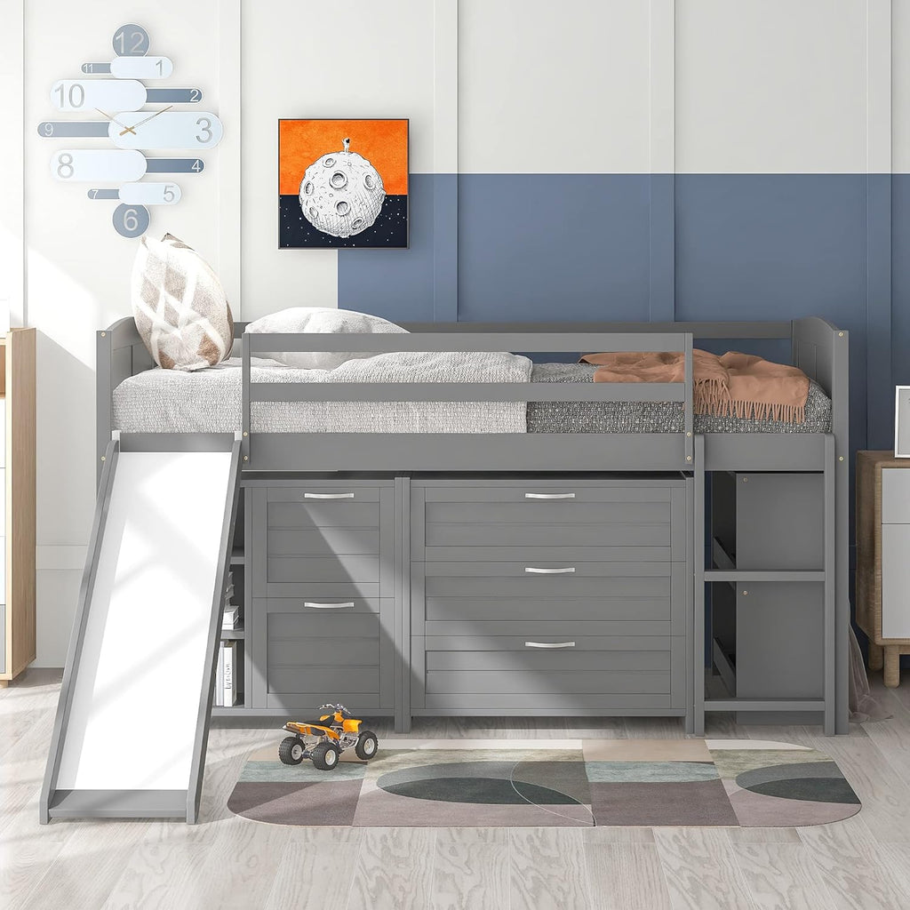 Twin Loft Bed with Desk and Cabinet Wooden Bunk Bed F372916
