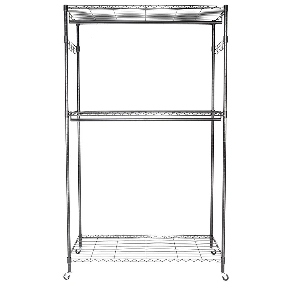 Black 2-Tier Rolling Garment Rack with Double Clothes Rod U6196